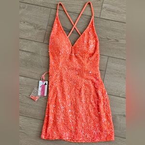 Coral Sequined Spaghetti Strapped Crossed Back Homecoming Dress